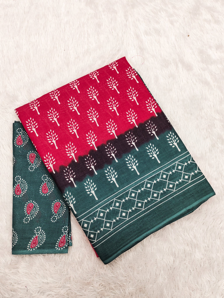 KIMORA TREE MOTIFS BAGRU BLOCK PRINT MULMUL COTTON RANI PINK SAREE