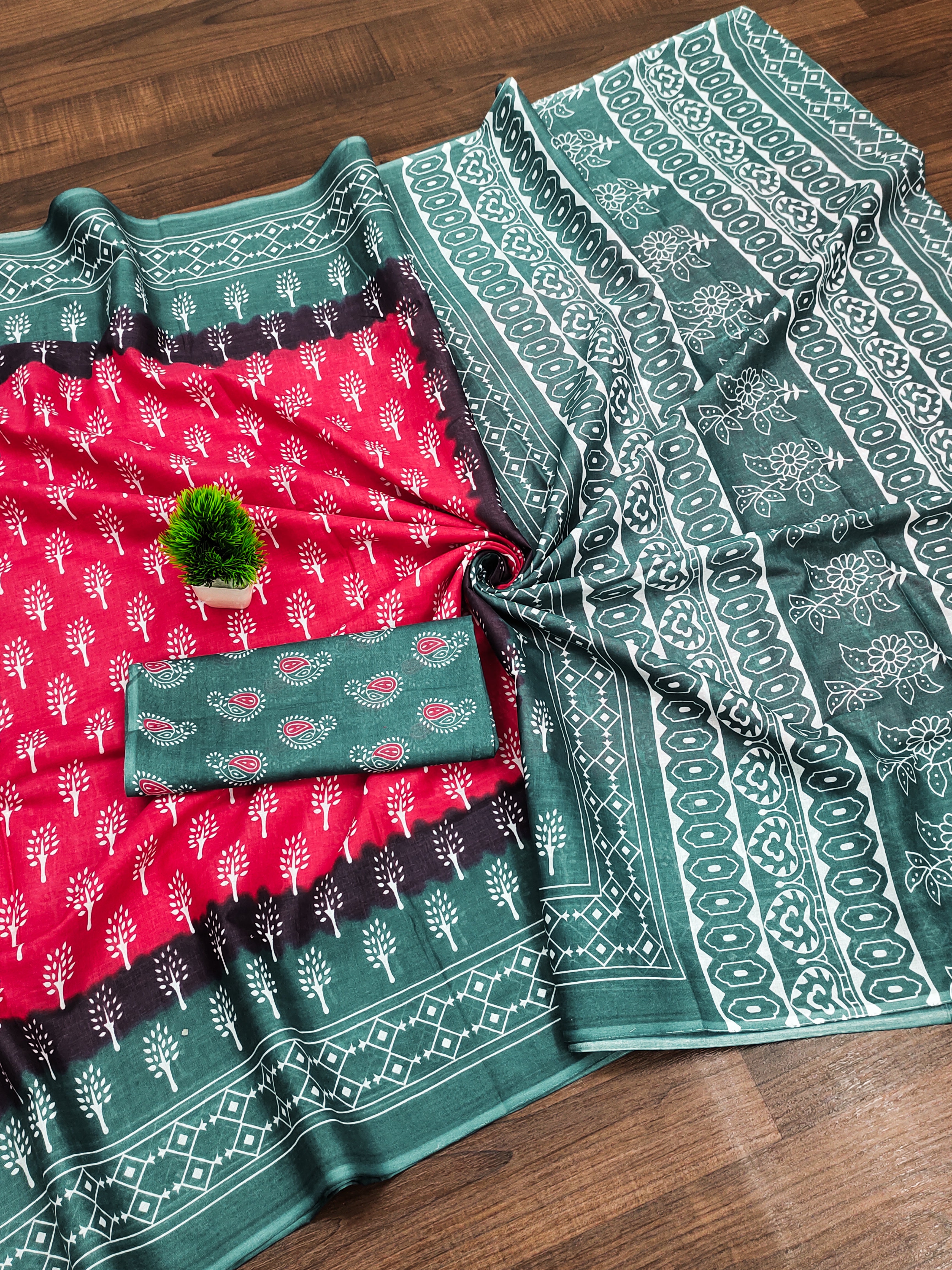 KIMORA TREE MOTIFS BAGRU BLOCK PRINT MULMUL COTTON RANI PINK SAREE