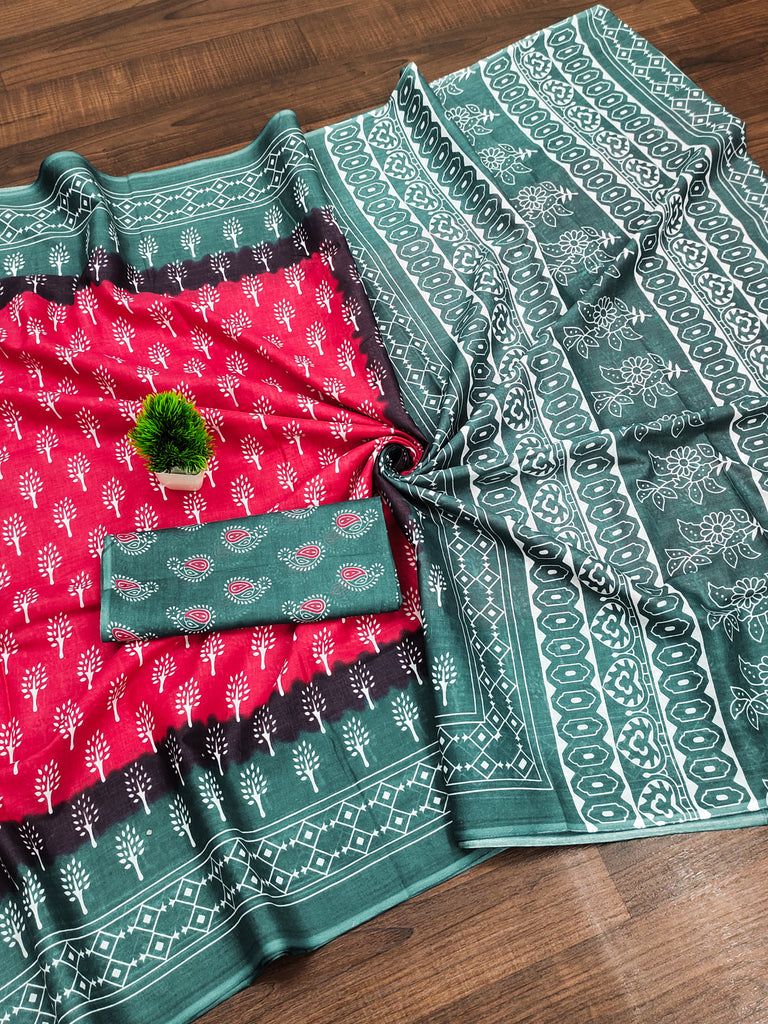KIMORA TREE MOTIFS BAGRU BLOCK PRINT MULMUL COTTON RANI PINK SAREE