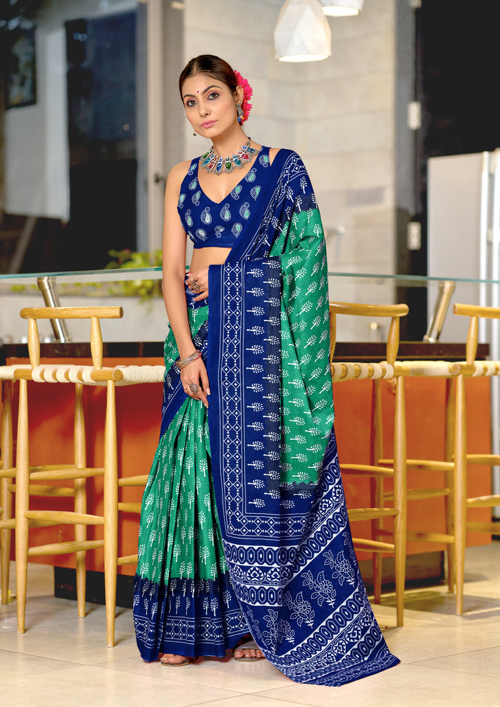 KIMORA TREE MOTIFS BAGRU BLOCK PRINT MULMUL COTTON SEA GREEN SAREE