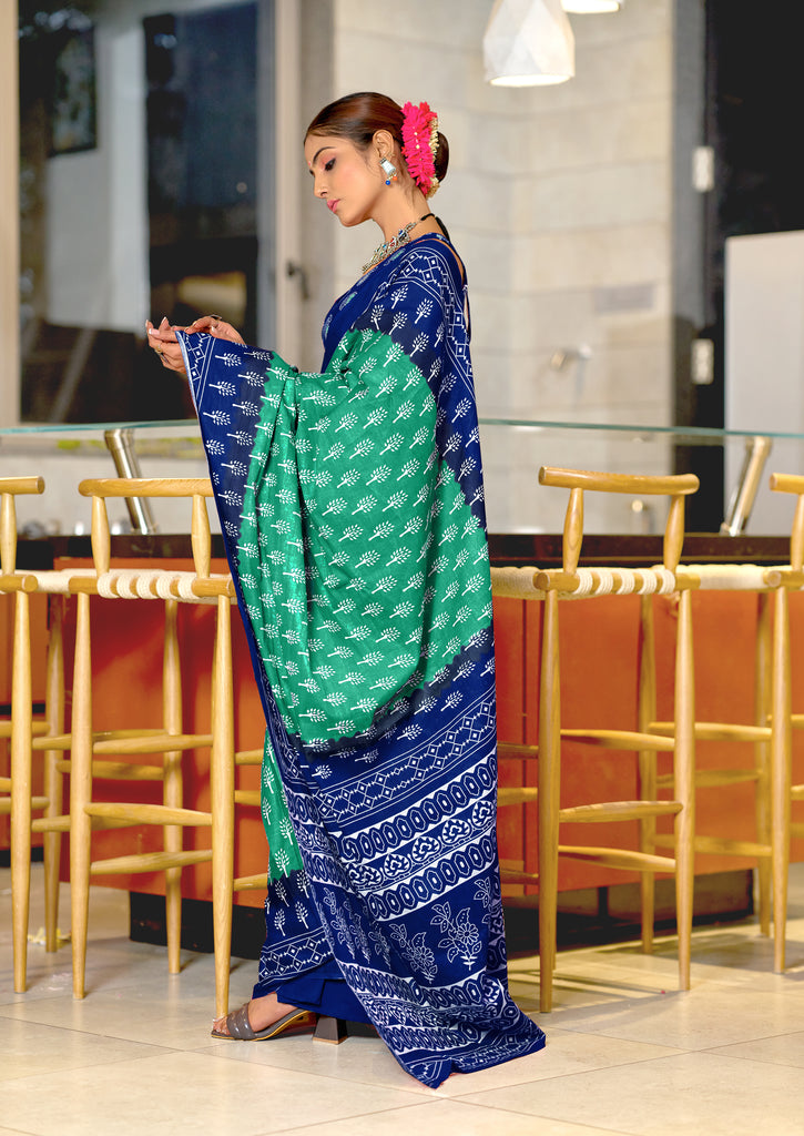 KIMORA TREE MOTIFS BAGRU BLOCK PRINT MULMUL COTTON SEA GREEN SAREE
