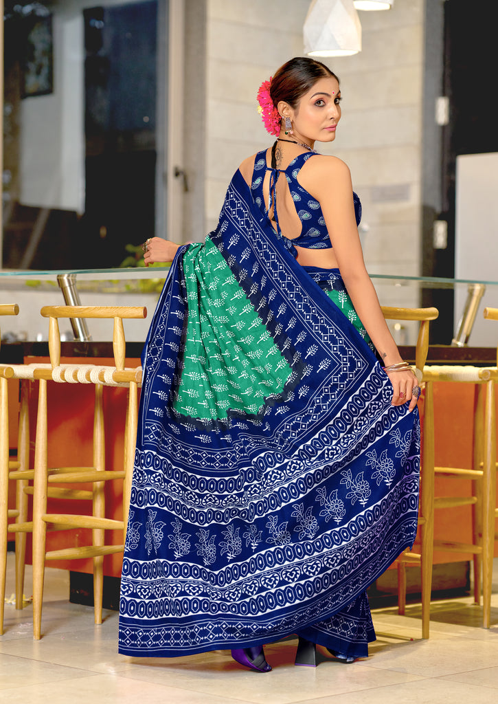 KIMORA TREE MOTIFS BAGRU BLOCK PRINT MULMUL COTTON SEA GREEN SAREE