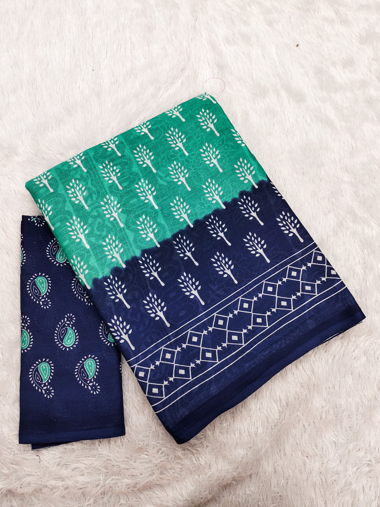 KIMORA TREE MOTIFS BAGRU BLOCK PRINT MULMUL COTTON SEA GREEN SAREE