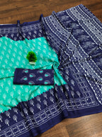 KIMORA TREE MOTIFS BAGRU BLOCK PRINT MULMUL COTTON SEA GREEN SAREE