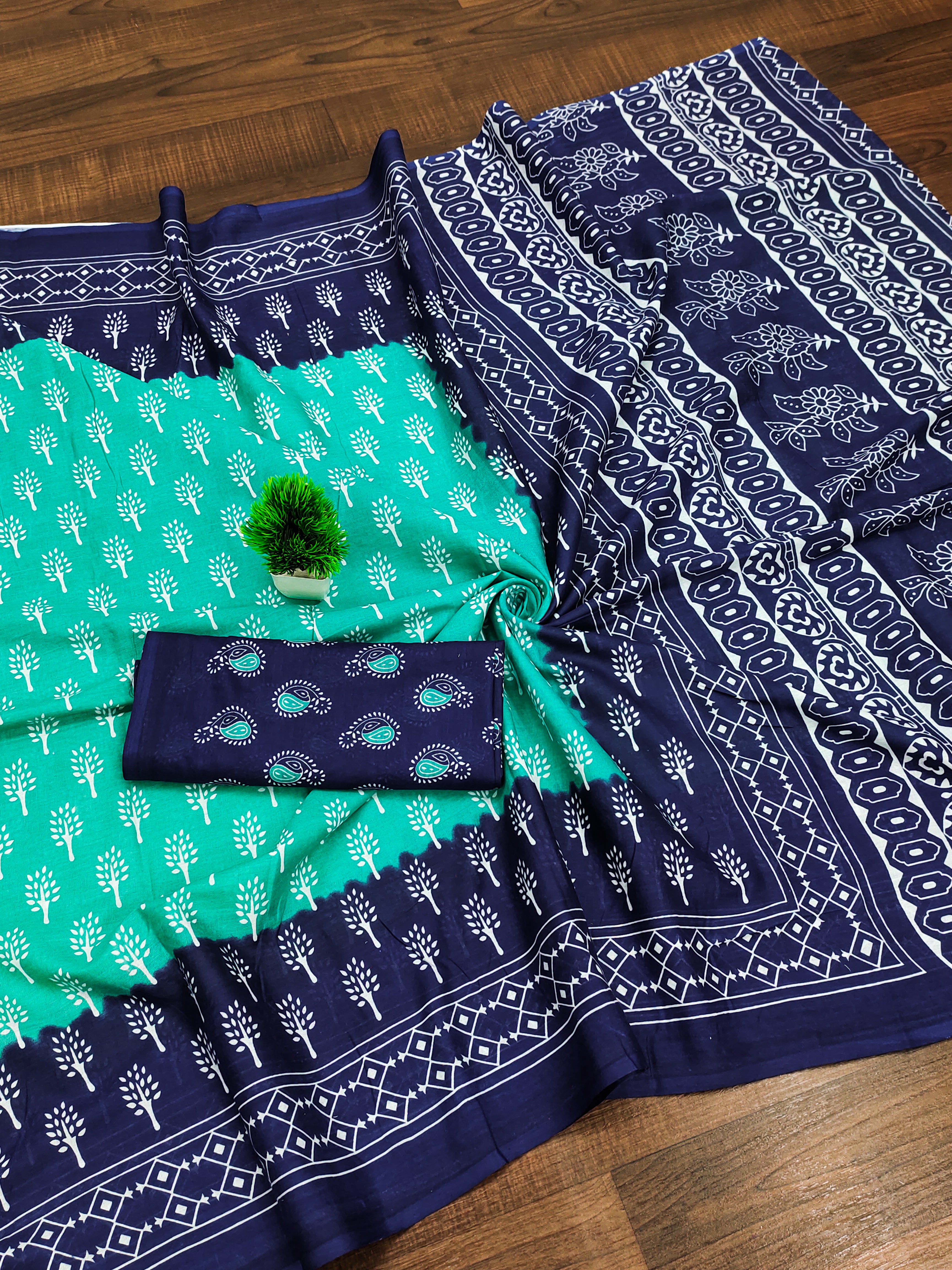 KIMORA TREE MOTIFS BAGRU BLOCK PRINT MULMUL COTTON SEA GREEN SAREE