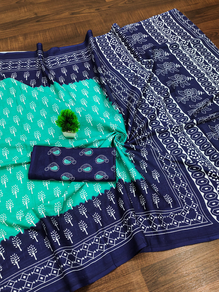 KIMORA TREE MOTIFS BAGRU BLOCK PRINT MULMUL COTTON SEA GREEN SAREE
