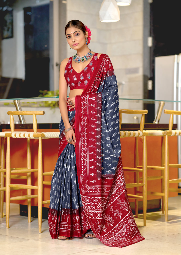 KIMORA TREE MOTIFS BAGRU BLOCK PRINT MULMUL COTTON STEEL GREY SAREE