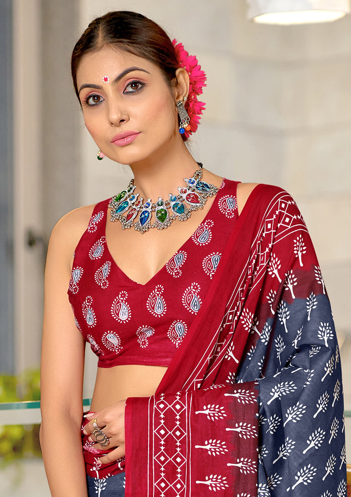 KIMORA TREE MOTIFS BAGRU BLOCK PRINT MULMUL COTTON STEEL GREY SAREE