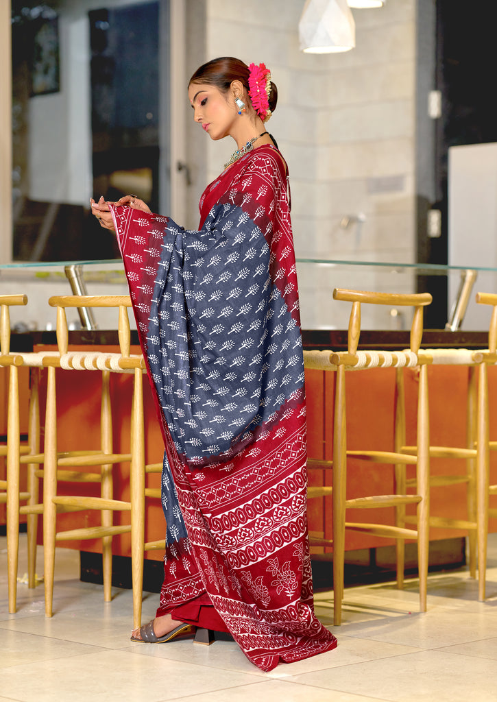 KIMORA TREE MOTIFS BAGRU BLOCK PRINT MULMUL COTTON STEEL GREY SAREE