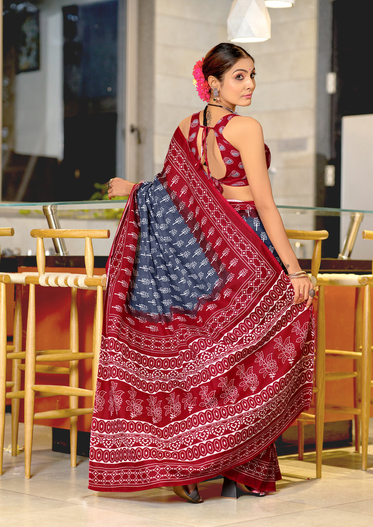 KIMORA TREE MOTIFS BAGRU BLOCK PRINT MULMUL COTTON STEEL GREY SAREE