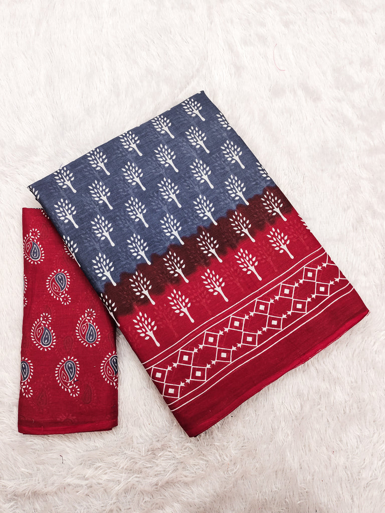 KIMORA TREE MOTIFS BAGRU BLOCK PRINT MULMUL COTTON STEEL GREY SAREE