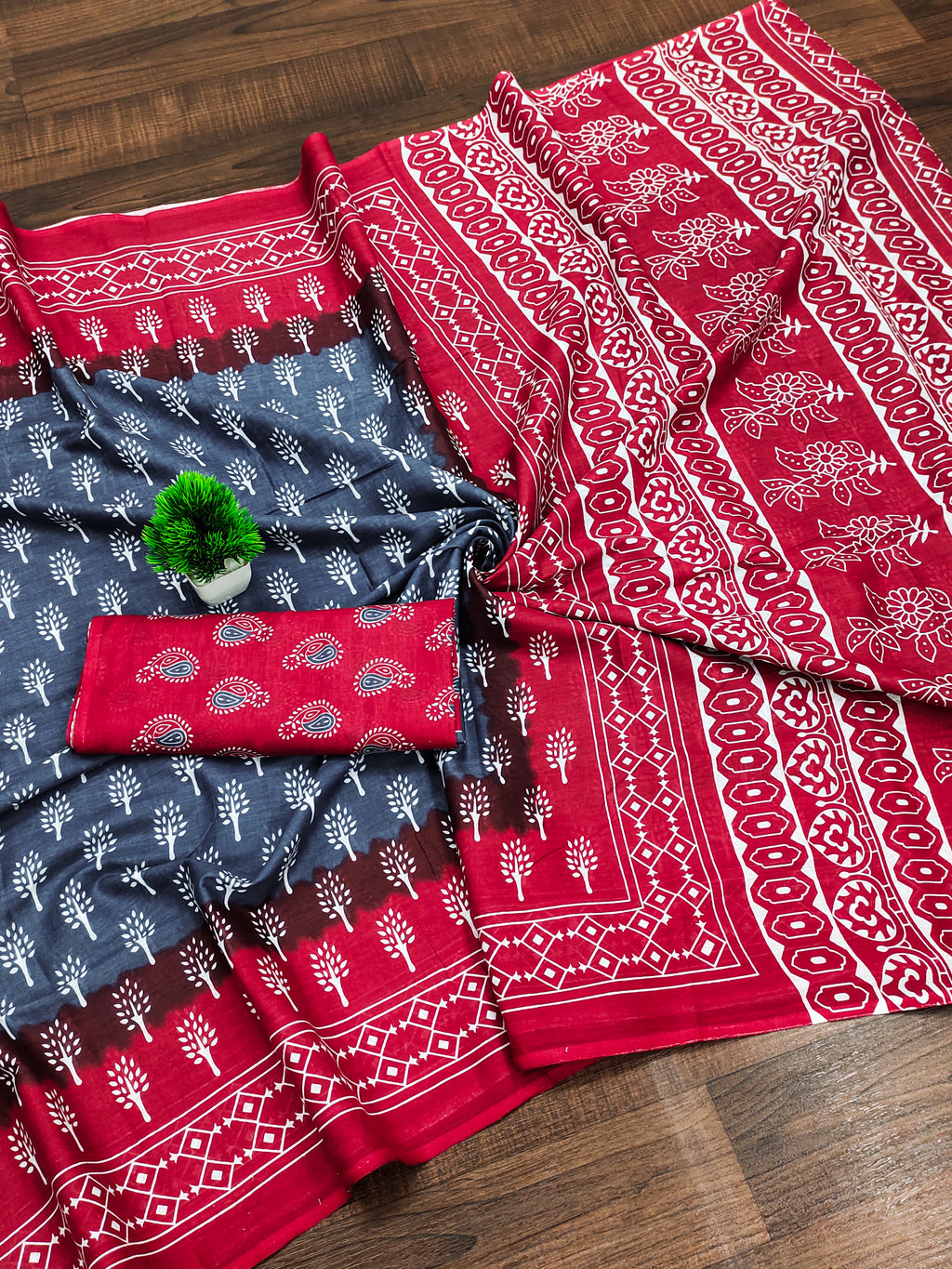 KIMORA TREE MOTIFS BAGRU BLOCK PRINT MULMUL COTTON STEEL GREY SAREE