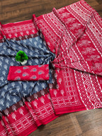 KIMORA TREE MOTIFS BAGRU BLOCK PRINT MULMUL COTTON STEEL GREY SAREE
