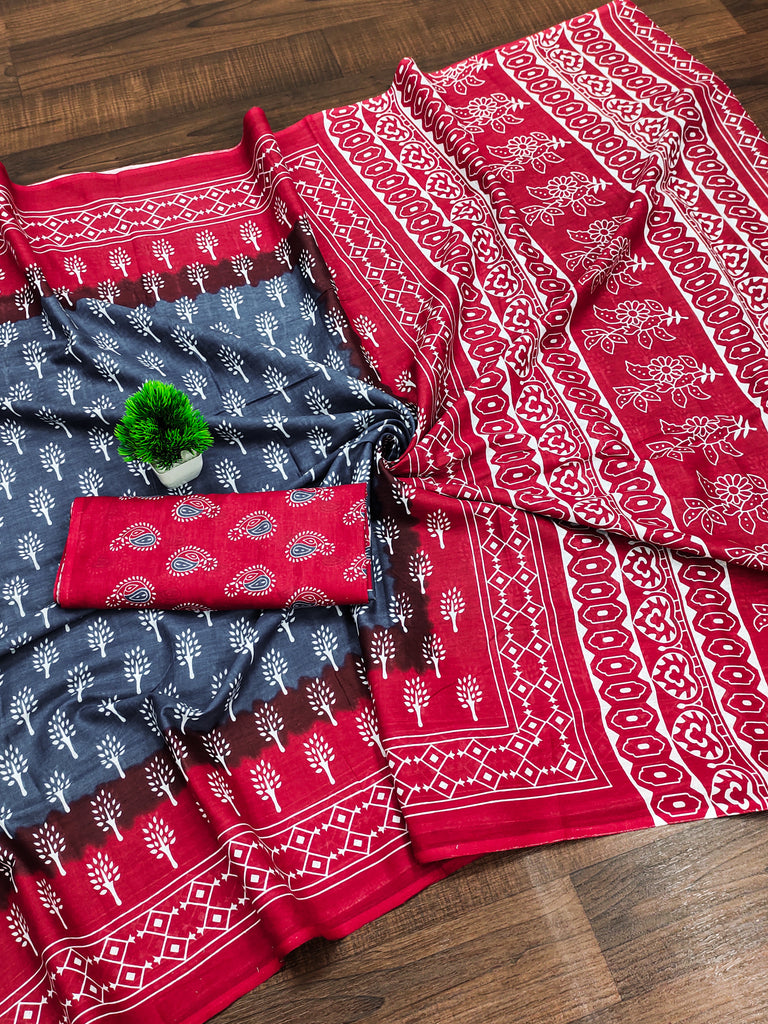 KIMORA TREE MOTIFS BAGRU BLOCK PRINT MULMUL COTTON STEEL GREY SAREE