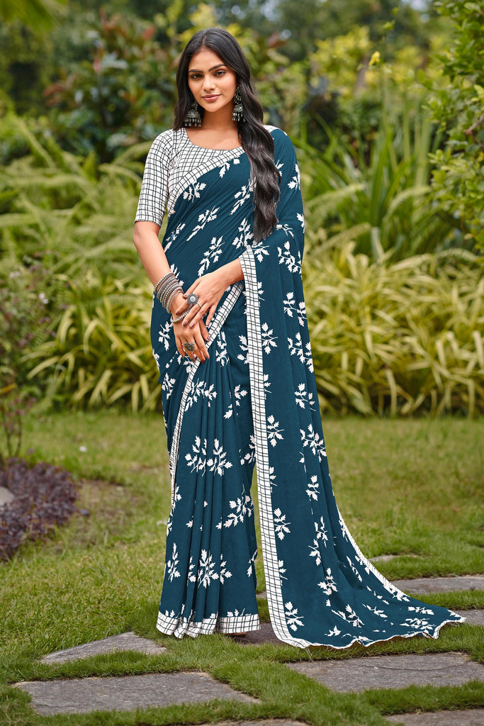 LEELAWANTHI SOFT PURE COTTON BAGRU PRINT BLUE SAREE