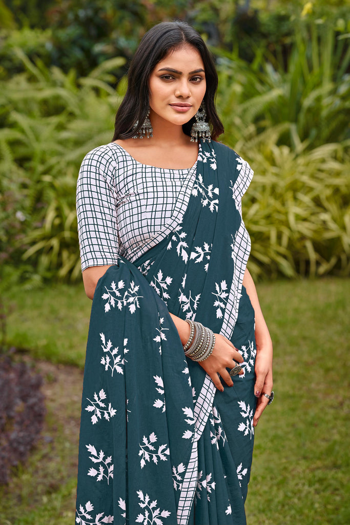 LEELAWANTHI SOFT PURE COTTON BAGRU PRINT BLUE SAREE