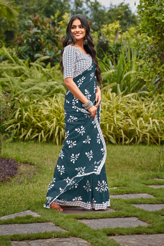 LEELAWANTHI SOFT PURE COTTON BAGRU PRINT BLUE SAREE