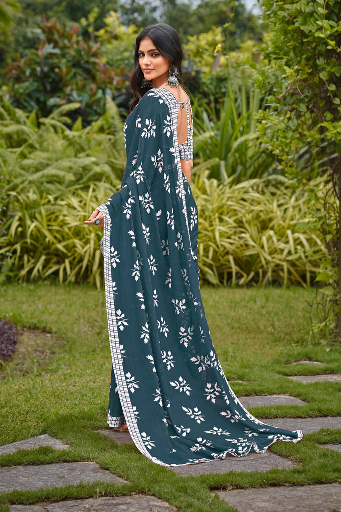 LEELAWANTHI SOFT PURE COTTON BAGRU PRINT BLUE SAREE