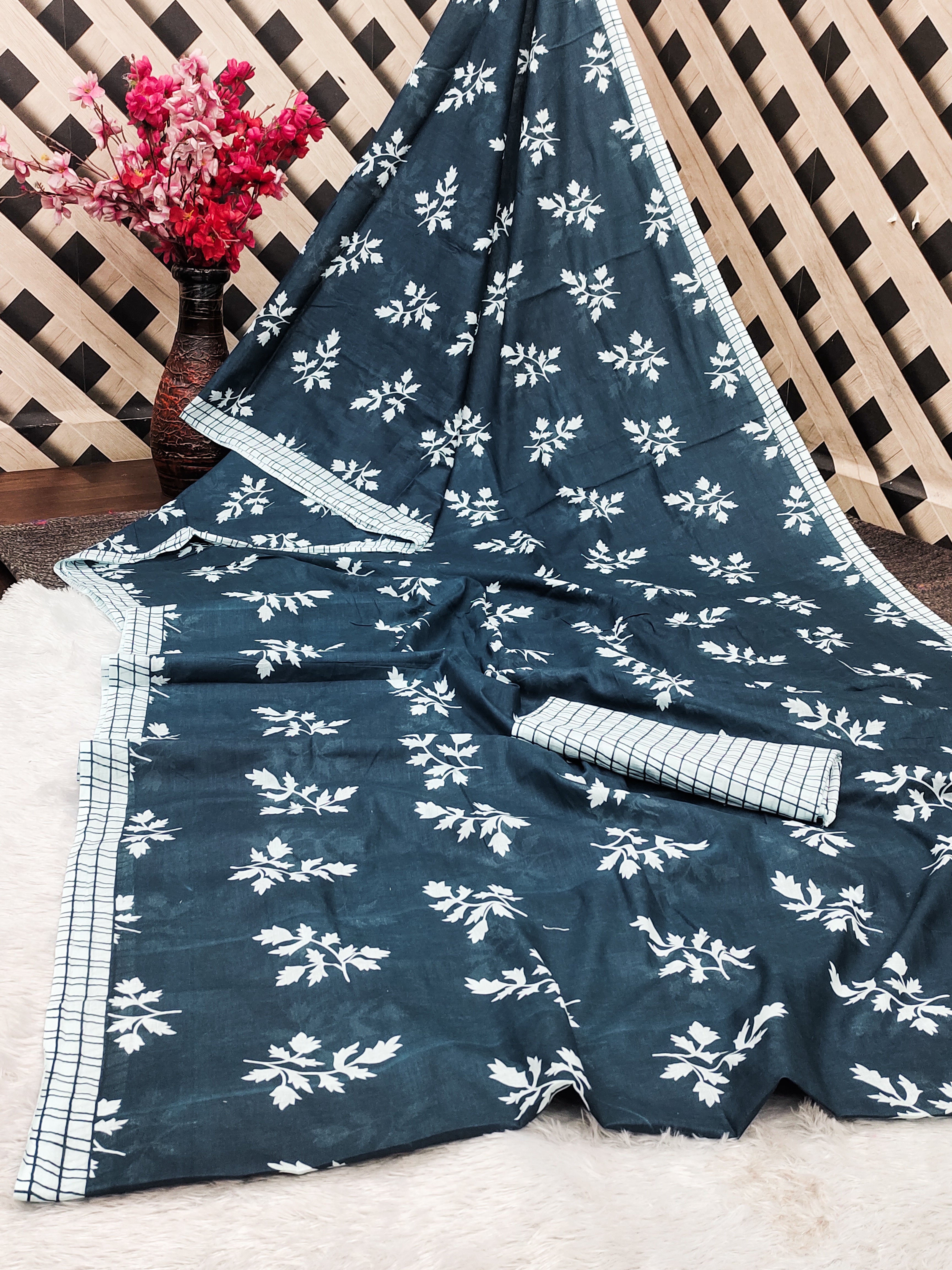 LEELAWANTHI SOFT PURE COTTON BAGRU PRINT BLUE SAREE