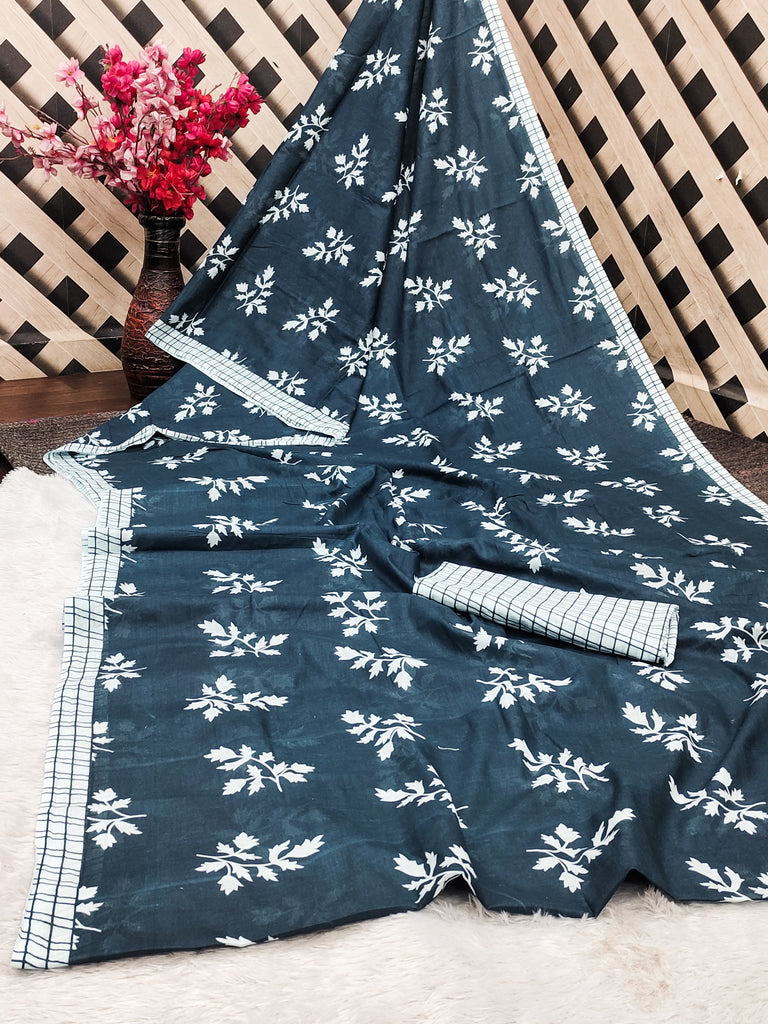 LEELAWANTHI SOFT PURE COTTON BAGRU PRINT BLUE SAREE