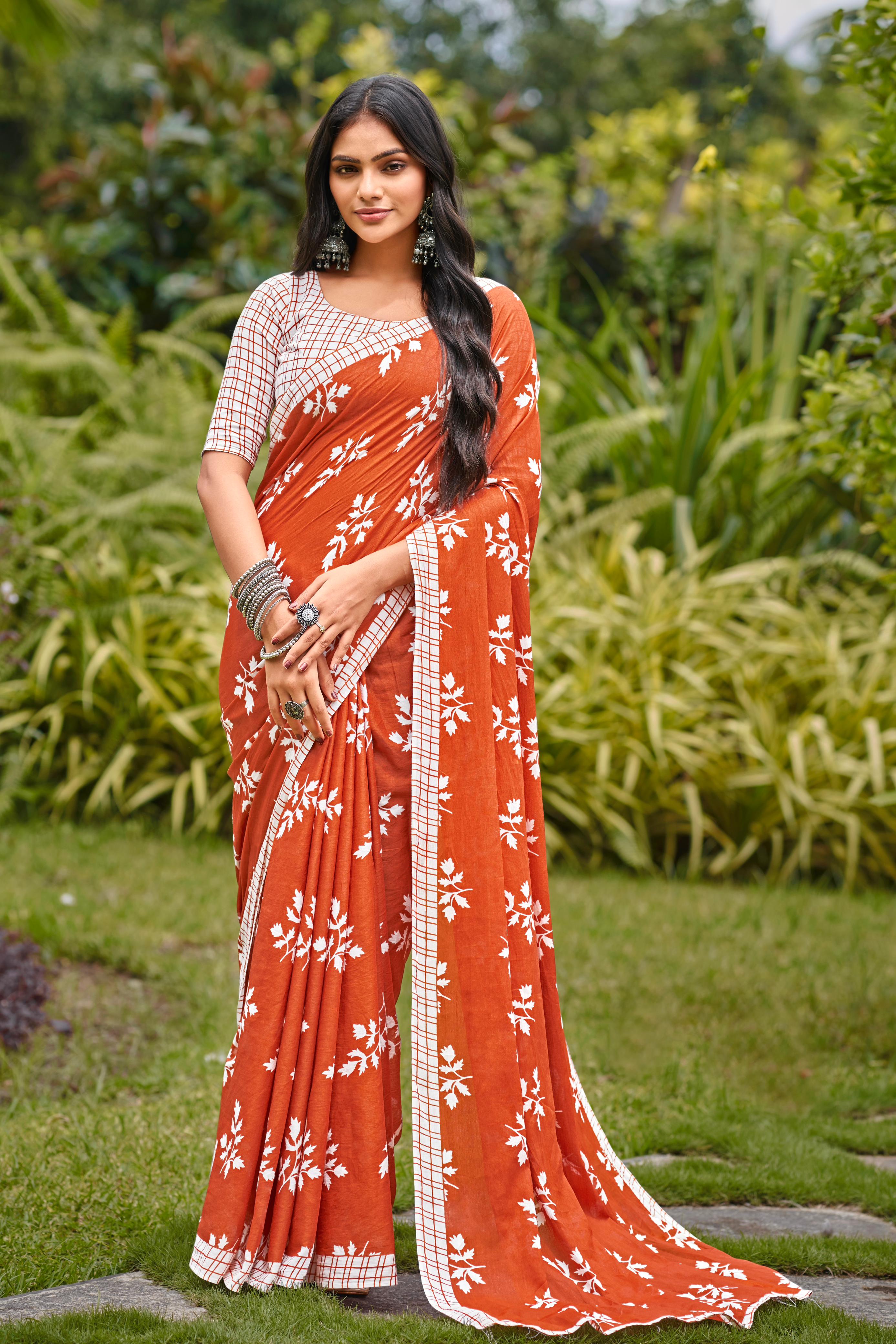 LEELAWANTHI SOFT PURE COTTON BAGRU PRINT RUST ORANGE SAREE