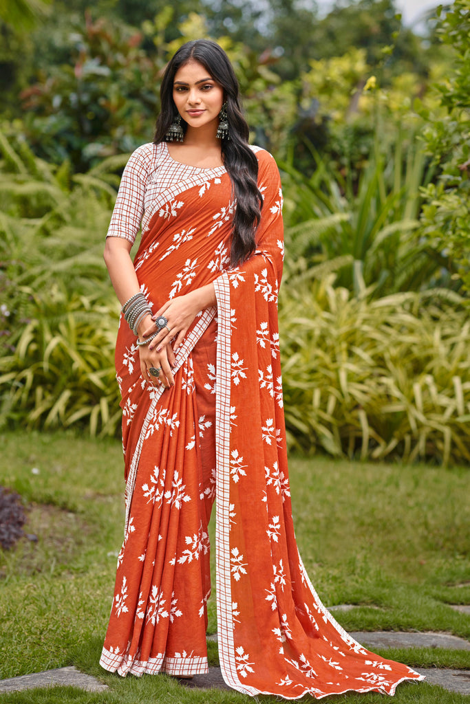 LEELAWANTHI SOFT PURE COTTON BAGRU PRINT RUST ORANGE SAREE