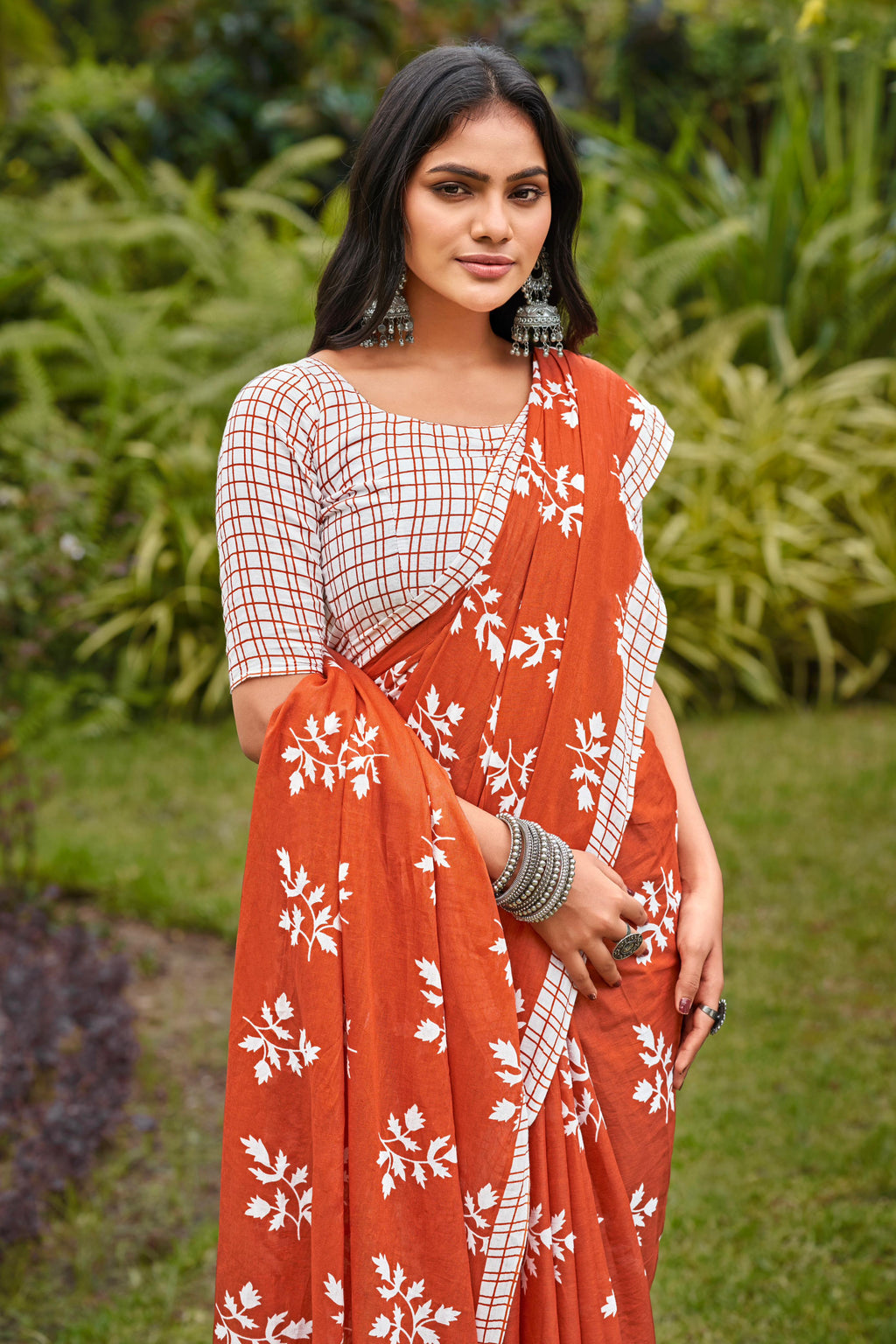 LEELAWANTHI SOFT PURE COTTON BAGRU PRINT RUST ORANGE SAREE