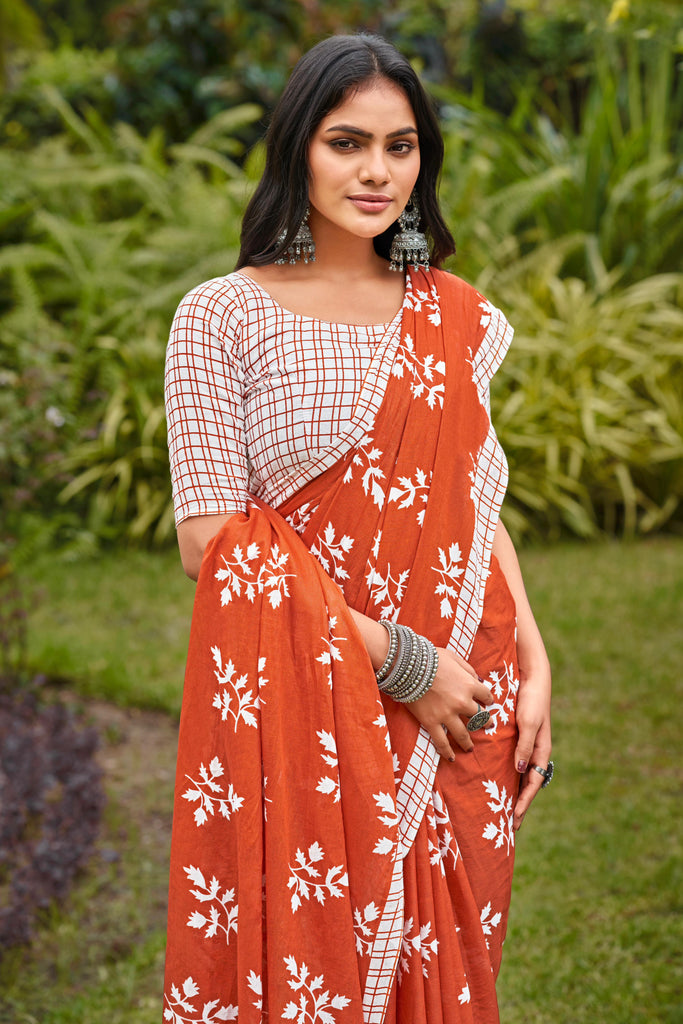 LEELAWANTHI SOFT PURE COTTON BAGRU PRINT RUST ORANGE SAREE