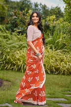LEELAWANTHI SOFT PURE COTTON BAGRU PRINT RUST ORANGE SAREE