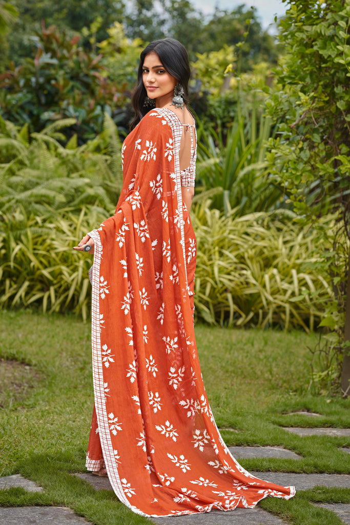 LEELAWANTHI SOFT PURE COTTON BAGRU PRINT RUST ORANGE SAREE
