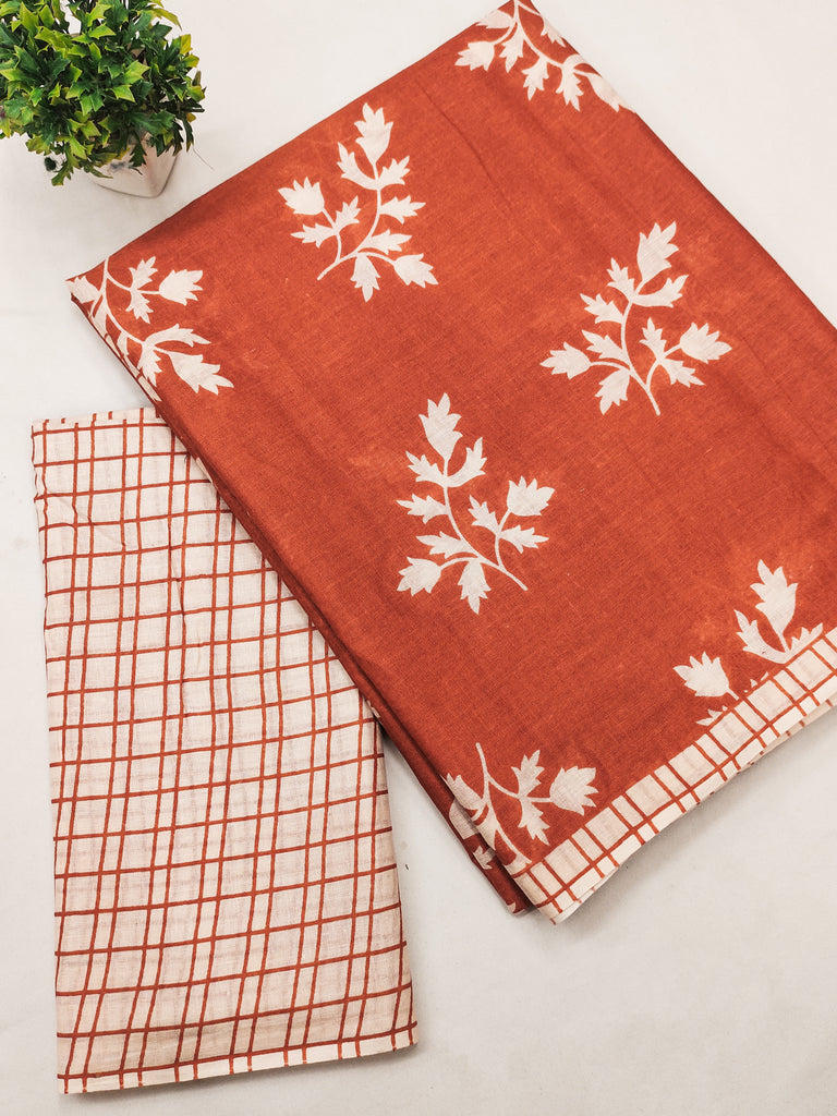 LEELAWANTHI SOFT PURE COTTON BAGRU PRINT RUST ORANGE SAREE