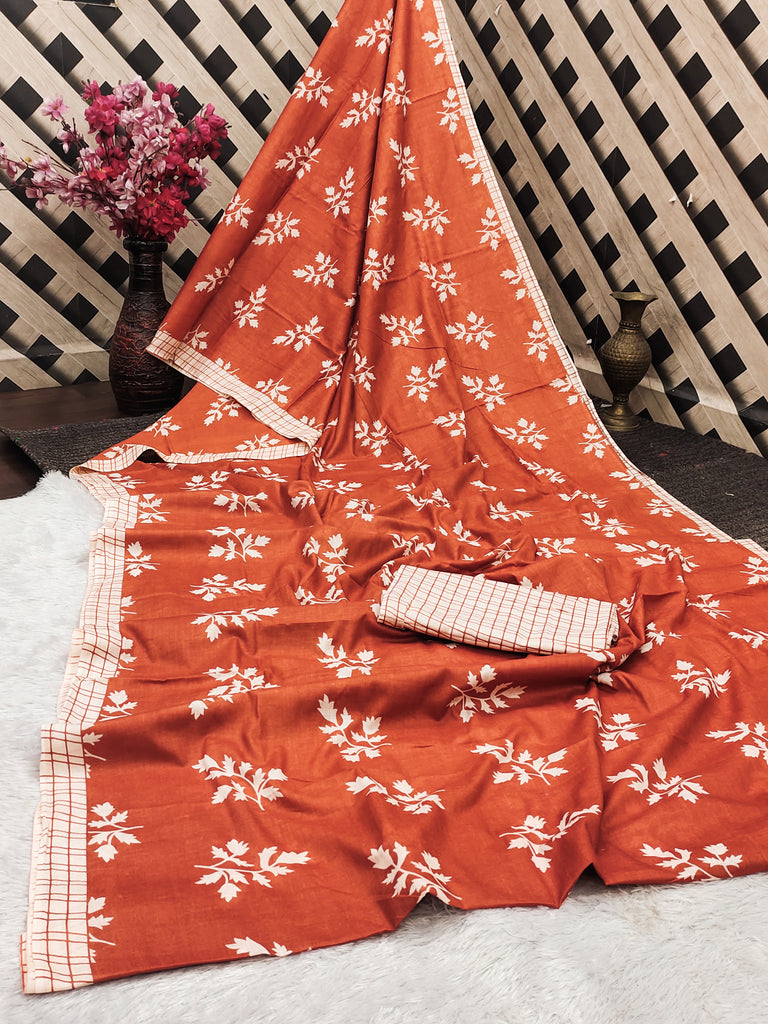 LEELAWANTHI SOFT PURE COTTON BAGRU PRINT RUST ORANGE SAREE