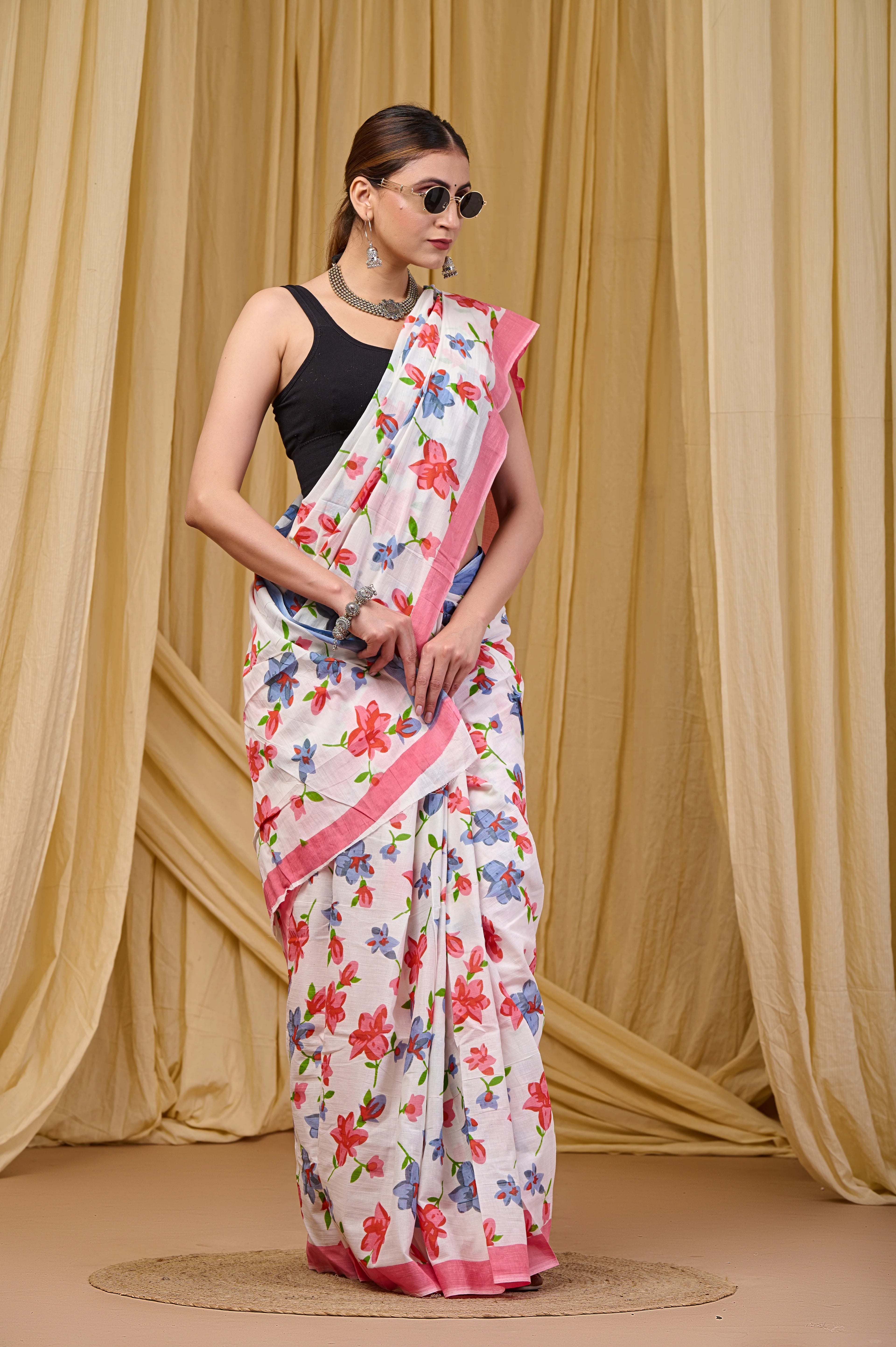 LOTUS SOFT PURE COTTON BAGRU FLOWER PRINT MULTICOLOR SAREE