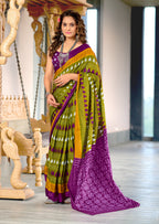 MADHUBALA PURE MULMUL COTTON IKKAT HAND BLOCK PRINT GREEN SAREE