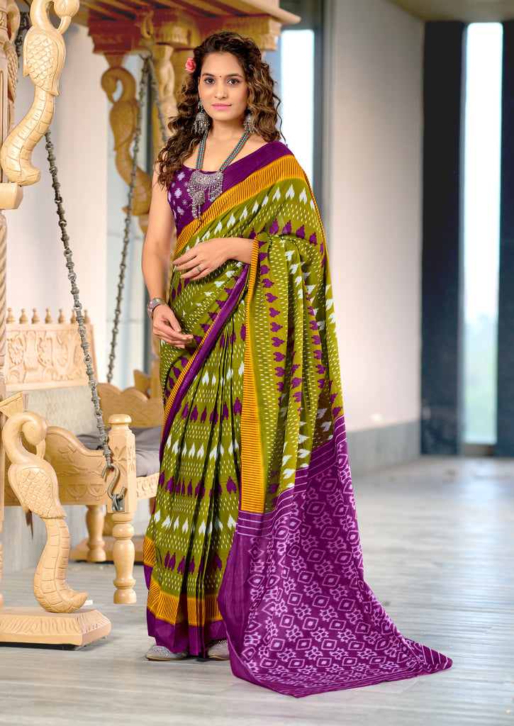 MADHUBALA PURE MULMUL COTTON IKKAT HAND BLOCK PRINT GREEN SAREE