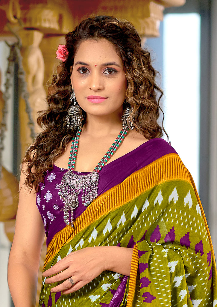 MADHUBALA PURE MULMUL COTTON IKKAT HAND BLOCK PRINT GREEN SAREE