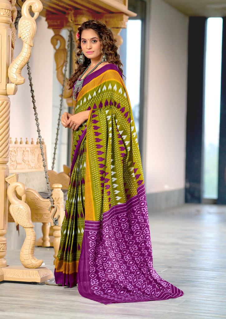 MADHUBALA PURE MULMUL COTTON IKKAT HAND BLOCK PRINT GREEN SAREE