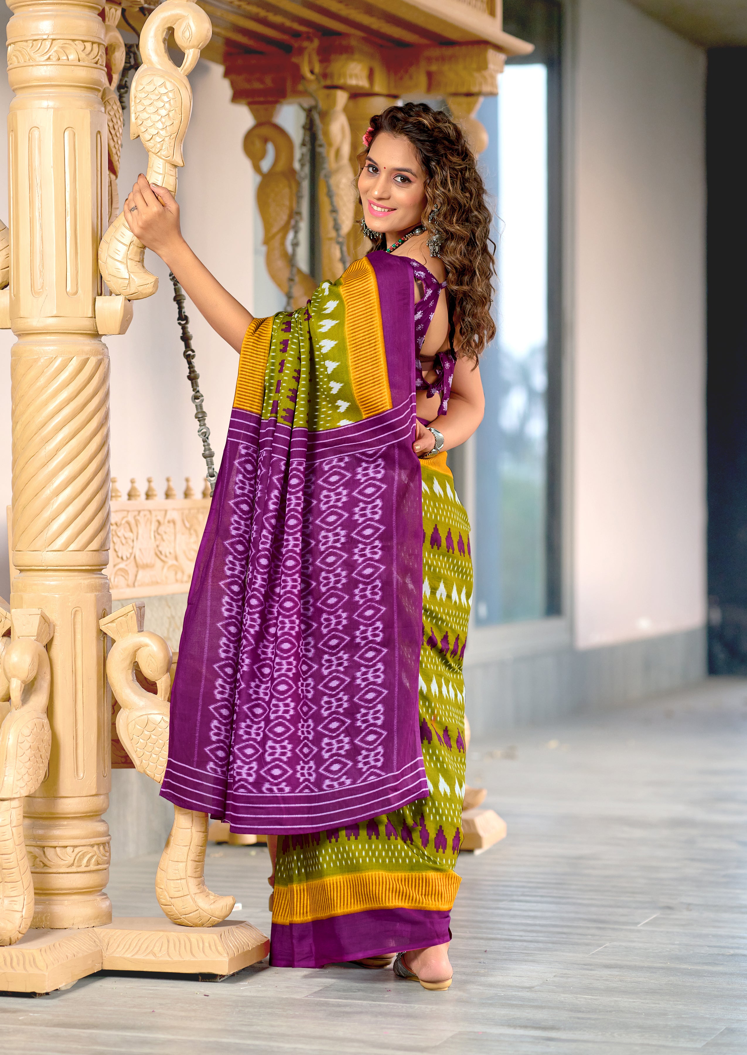 MADHUBALA PURE MULMUL COTTON IKKAT HAND BLOCK PRINT GREEN SAREE