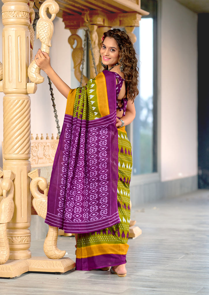 MADHUBALA PURE MULMUL COTTON IKKAT HAND BLOCK PRINT GREEN SAREE