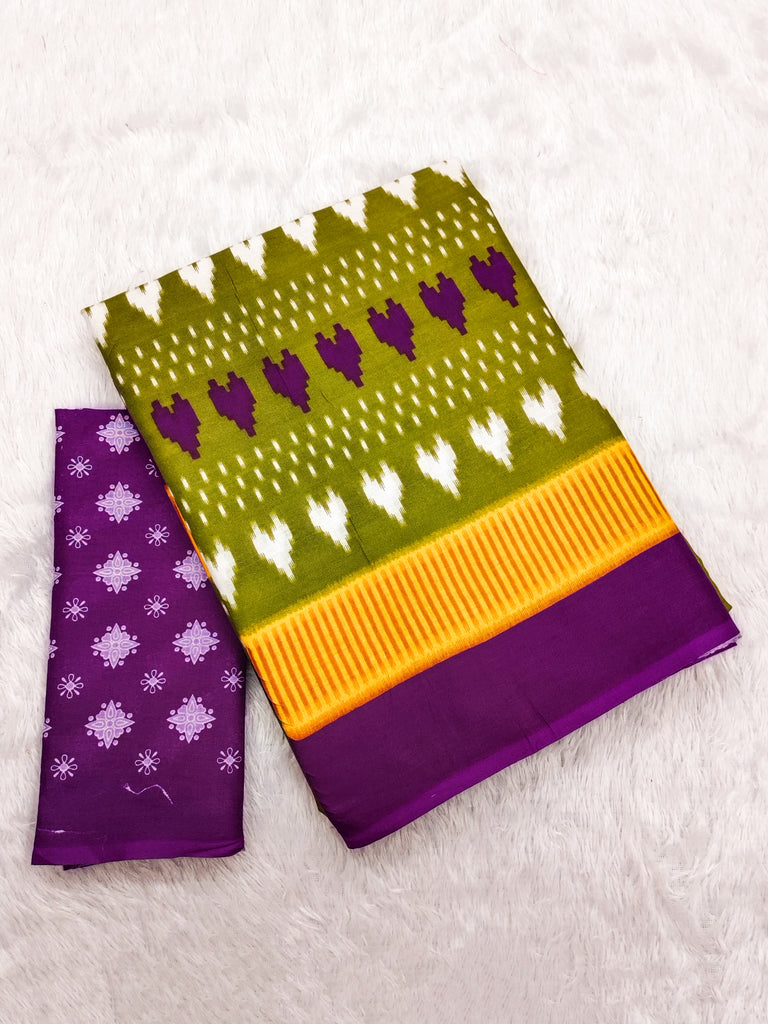 MADHUBALA PURE MULMUL COTTON IKKAT HAND BLOCK PRINT GREEN SAREE
