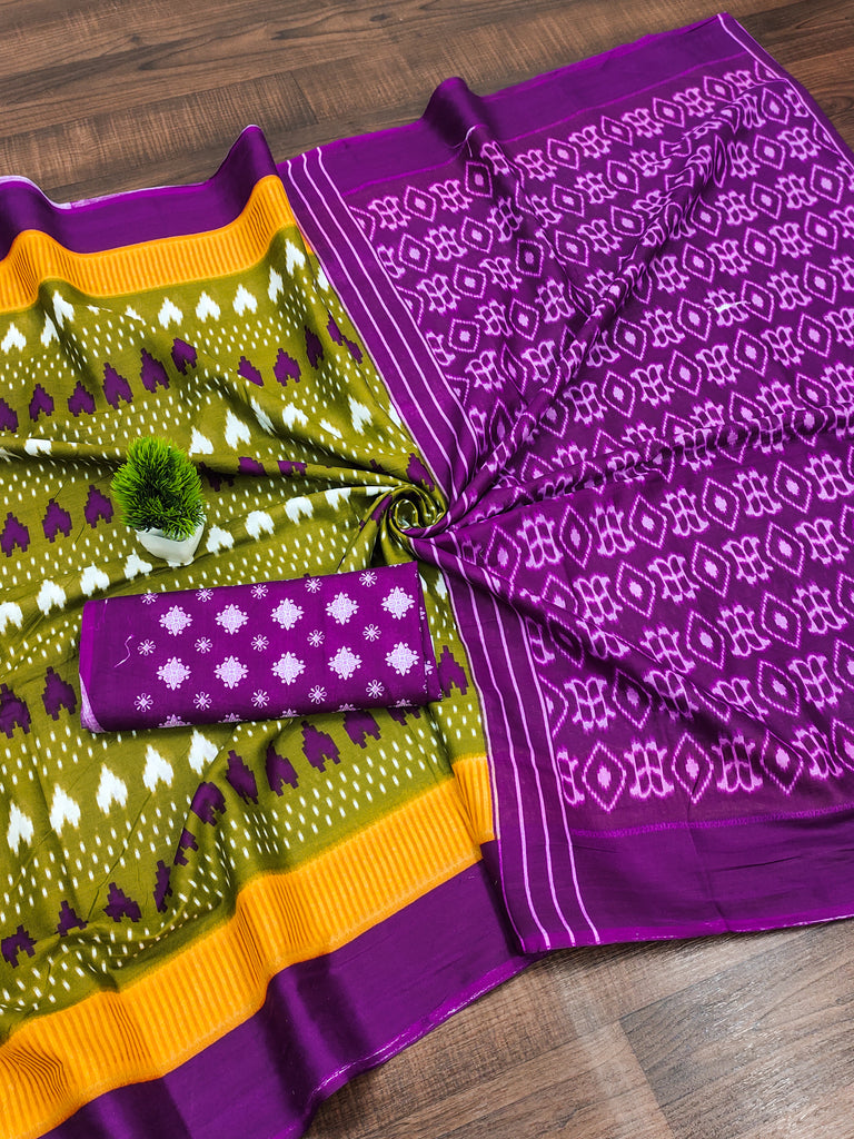 MADHUBALA PURE MULMUL COTTON IKKAT HAND BLOCK PRINT GREEN SAREE