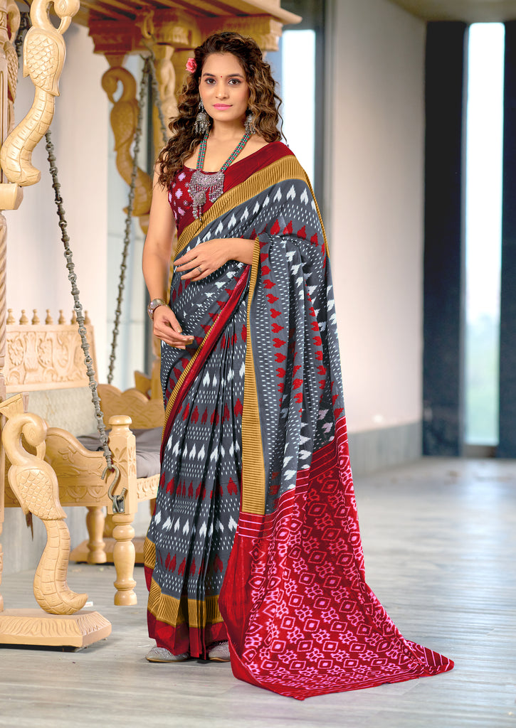 MADHUBALA PURE MULMUL COTTON IKKAT HAND BLOCK PRINT GREY SAREE