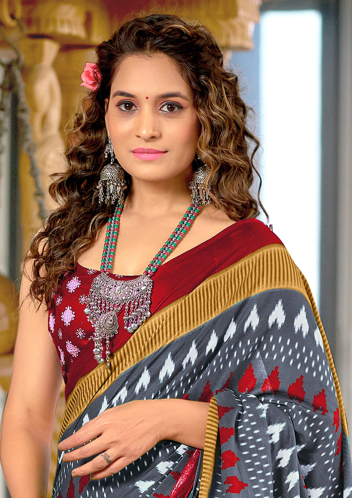 MADHUBALA PURE MULMUL COTTON IKKAT HAND BLOCK PRINT GREY SAREE