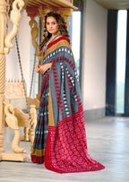 MADHUBALA PURE MULMUL COTTON IKKAT HAND BLOCK PRINT GREY SAREE