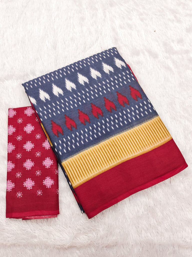 MADHUBALA PURE MULMUL COTTON IKKAT HAND BLOCK PRINT GREY SAREE