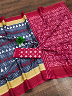 MADHUBALA PURE MULMUL COTTON IKKAT HAND BLOCK PRINT GREY SAREE