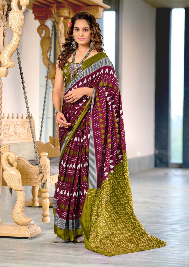 MADHUBALA PURE MULMUL COTTON IKKAT HAND BLOCK PRINT MAROON SAREE