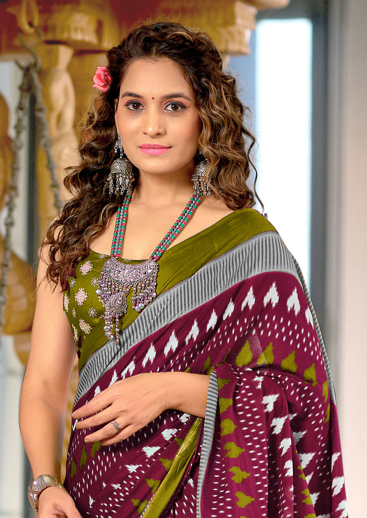 MADHUBALA PURE MULMUL COTTON IKKAT HAND BLOCK PRINT MAROON SAREE