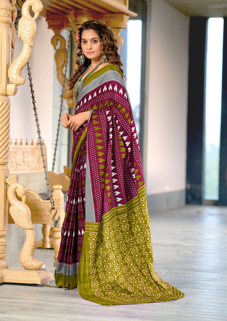MADHUBALA PURE MULMUL COTTON IKKAT HAND BLOCK PRINT MAROON SAREE