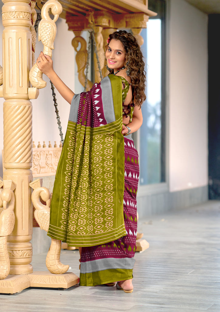 MADHUBALA PURE MULMUL COTTON IKKAT HAND BLOCK PRINT MAROON SAREE